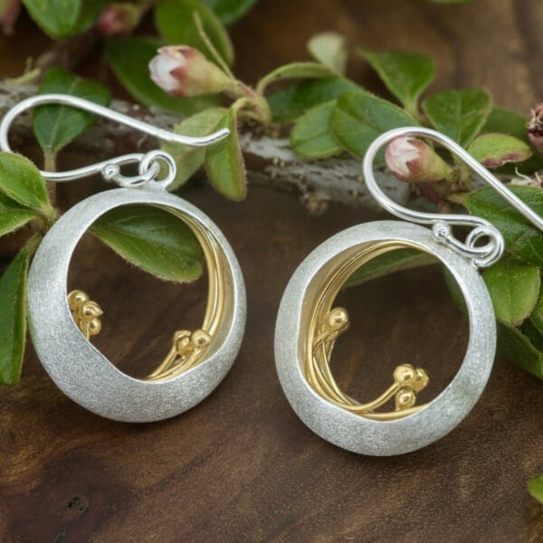 Royal Mile Silver - hand crafted brushed sterling silver ocean wave earrings with 18ct gold