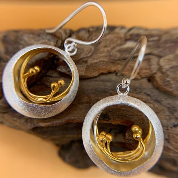 Royal Mile Silver - hand crafted brushed sterling silver ocean wave earrings with 18ct gold