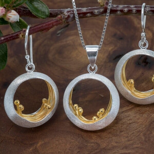 Royal Mile Silver - hand crafted brushed sterling silver ocean wave pendant & earrings with 18ct gold