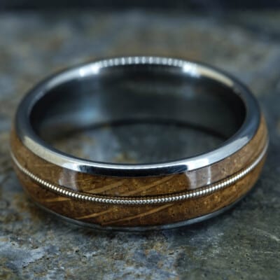 royal mile silver-whisky barrel wood and guitar string inlay tungsten ring