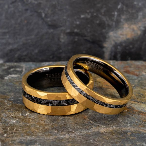Royal Mile Silver - Hammered gold tungsten carbide ring with meteorite inlay