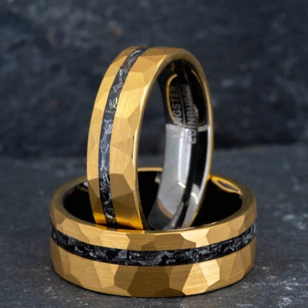 Royal Mile Silver - Hammered gold tungsten carbide ring with meteorite inlay