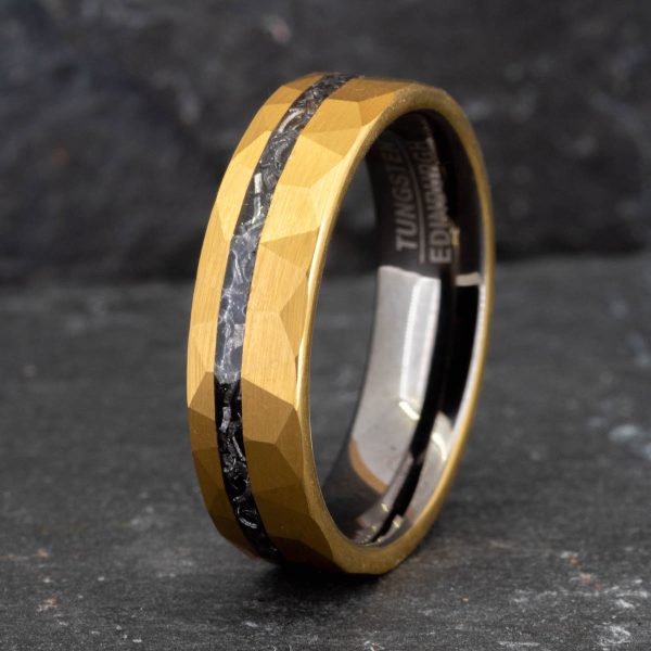 Royal Mile Silver - Hammered gold tungsten carbide ring with meteorite inlay