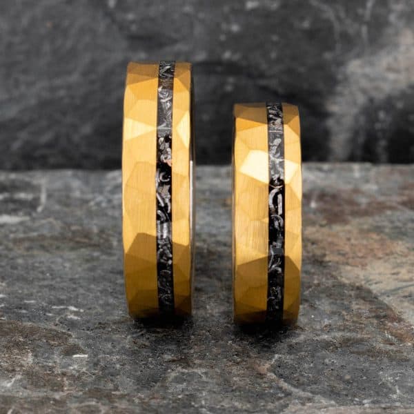 Royal Mile Silver - Hammered gold tungsten carbide ring with meteorite inlay 6mm and 8mm width standing next to each other