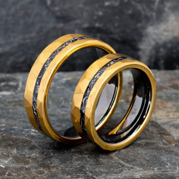 Royal Mile Silver - Hammered gold tungsten carbide ring with meteorite inlay