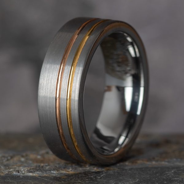 Royal Mile SIlver - Brushed Silver Tungsten Ring with Gold and Rose Gold (8mm wide)