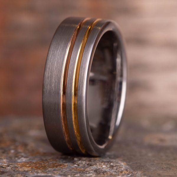 Brushed Silver Tungsten Ring with Gold and Rose Gold (8mm wide) - Image 7