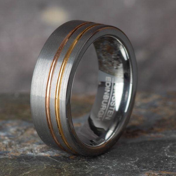 Royal Mile SIlver - Brushed Silver Tungsten Ring with Gold and Rose Gold (8mm wide)