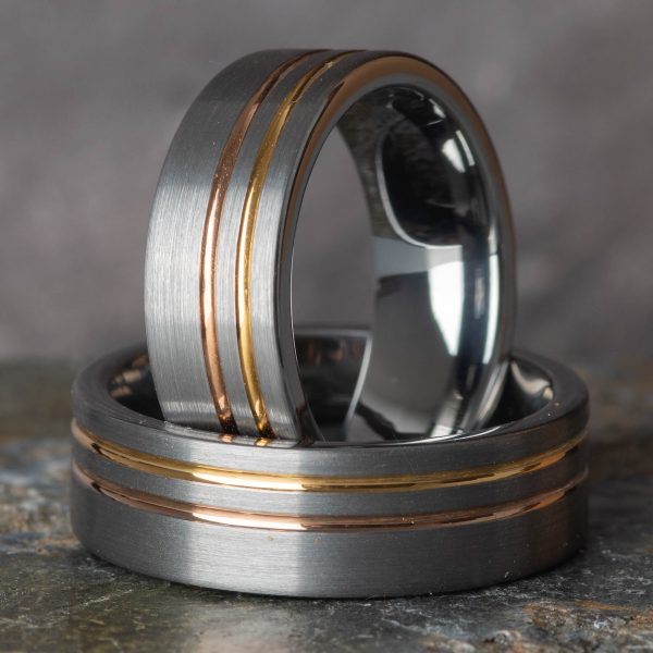 Royal Mile SIlver - Brushed Silver Tungsten Ring with Gold and Rose Gold (8mm wide)