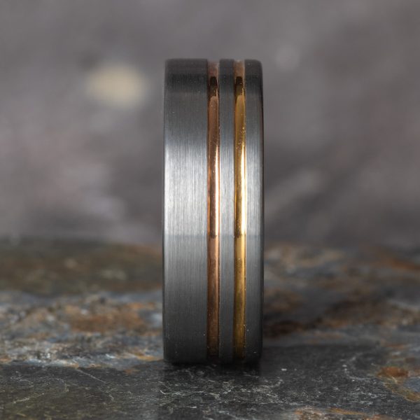 Royal Mile SIlver - Brushed Silver Tungsten Ring with Gold and Rose Gold (8mm wide)