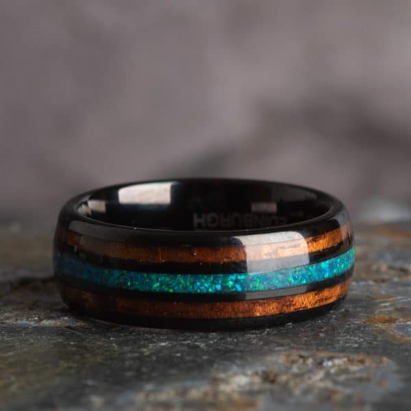 Royal Mile Silver - 8mm Opal and Koa Black Tungsten Ring