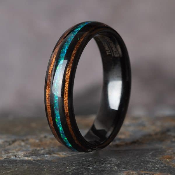 Opal and Koa Wood Black Tungsten Ring (6mm wide) - Image 5