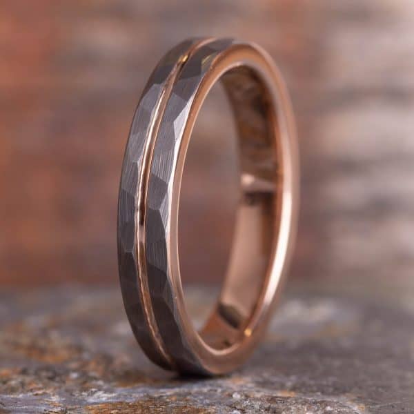 Royal Mile Silver - Hammered Silver Royal Mile Silver - Tungsten Ring with Rose Gold Accent (4mm wide)