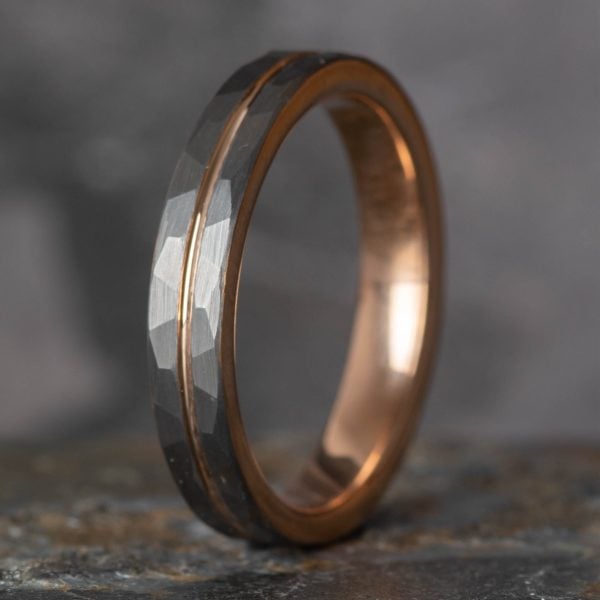 Royal Mile Silver - Hammered Silver Royal Mile Silver - Tungsten Ring with Rose Gold Accent (4mm wide)