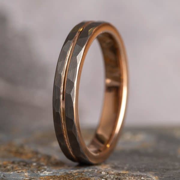 Royal Mile Silver - Hammered Silver Royal Mile Silver - Tungsten Ring with Rose Gold Accent (4mm wide)