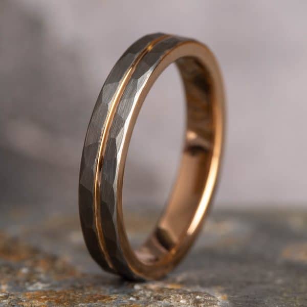 Royal Mile Silver - Hammered Silver Royal Mile Silver - Tungsten Ring with Rose Gold Accent (4mm wide)