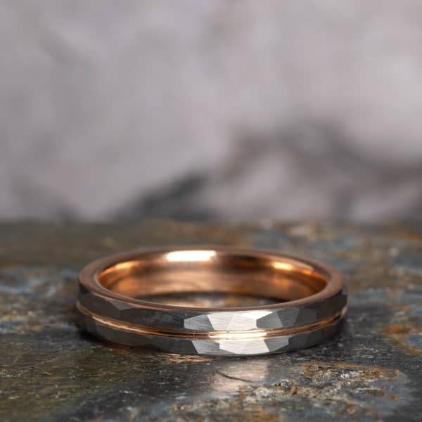 Hammered Silver Royal Mile Silver - Tungsten Ring with Rose Gold Accent (4mm wide)