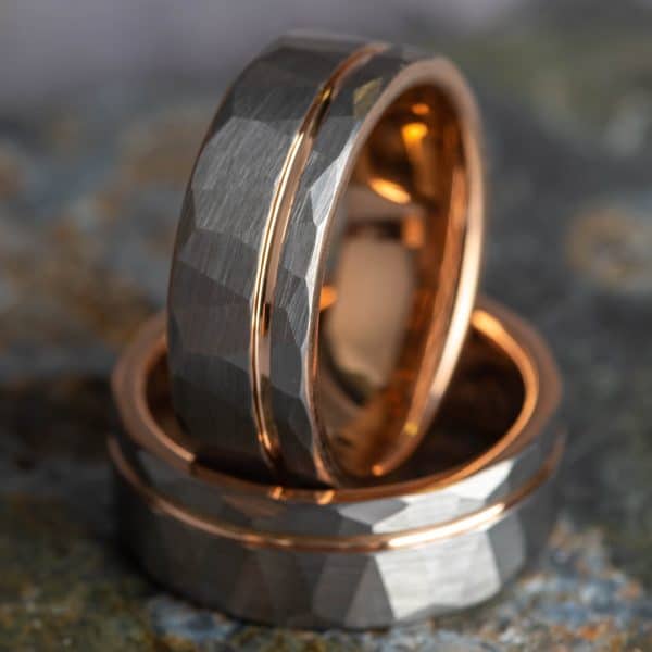 Royal Mile Silver - Hammered Silver Tungsten Ring with Rose Gold Accent (8mm wide)