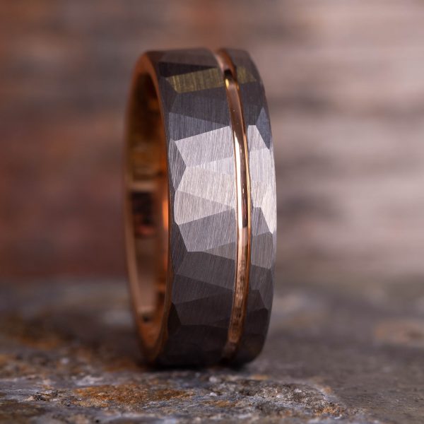 Royal Mile Silver - Hammered Silver Tungsten Ring with Rose Gold Accent (8mm wide)