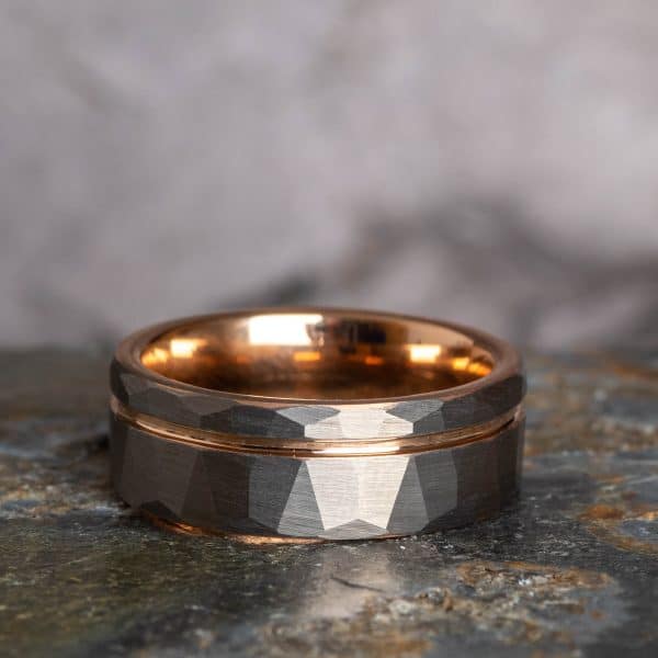 Hammered Silver Tungsten Ring with Rose Gold Accent (8mm wide)