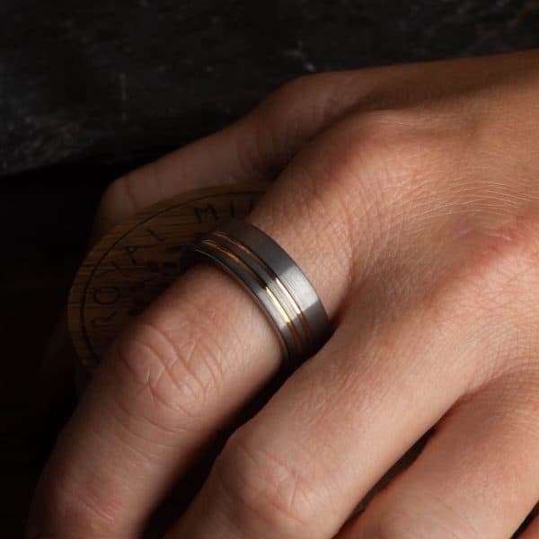 Brushed Silver Tungsten Ring with Gold and Rose Gold (8mm wide) - Royal Mile Silver