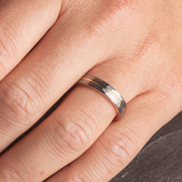 Hammered Silver Tungsten Ring with Rose Gold Accent (4mm wide) - Royal Mile Silver