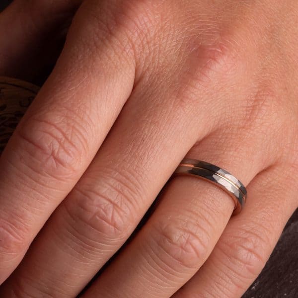 Hammered Silver Tungsten Ring with Rose Gold Accent (4mm wide) - Royal Mile Silver