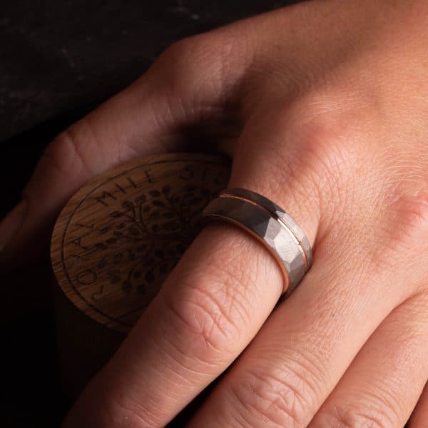 Hammered Silver Tungsten Ring with Rose Gold Accent (8mm wide) - Royal Mile Silver