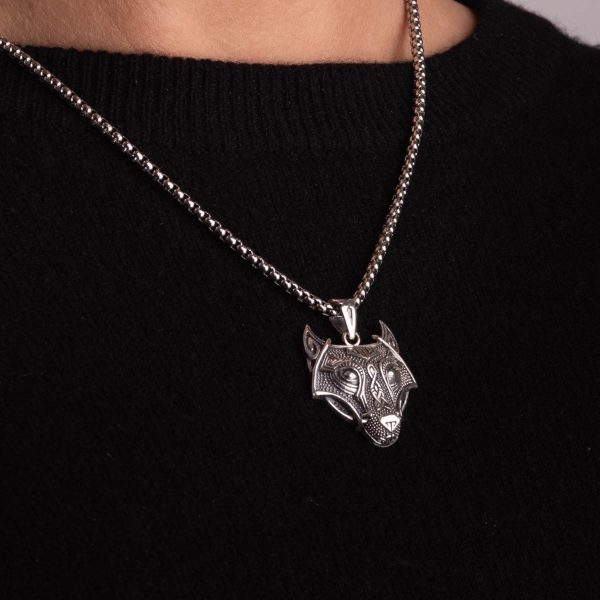 Viking Celtic Fenrir Wolf Head Pendant Large - Steel Chain - Royal Mile Silver