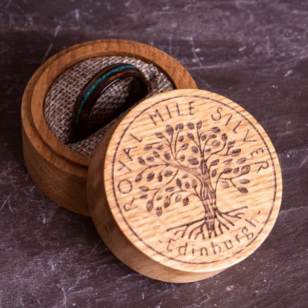 Royal Mile Silver - Royal Mile Silver round whisky barrel wood ring box with koa wood and opal tungsten ring