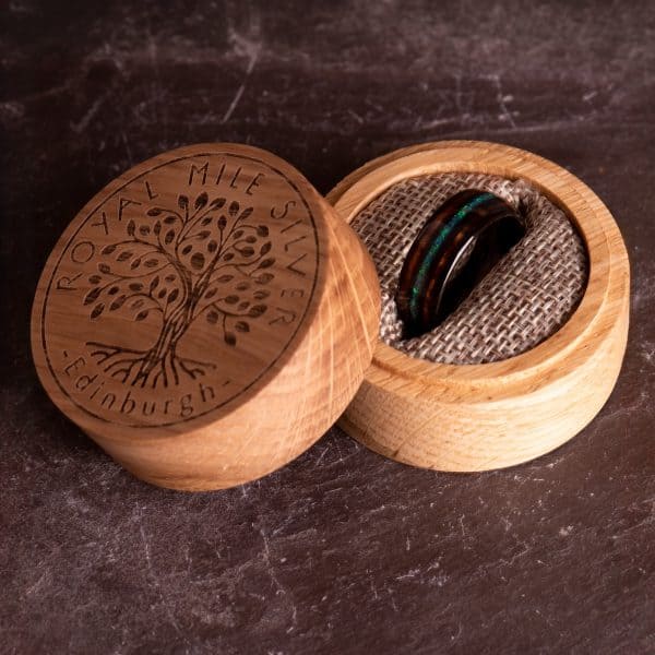 Royal Mile Silver - Royal Mile Silver round whisky barrel wood ring box with koa wood and opal tungsten ring
