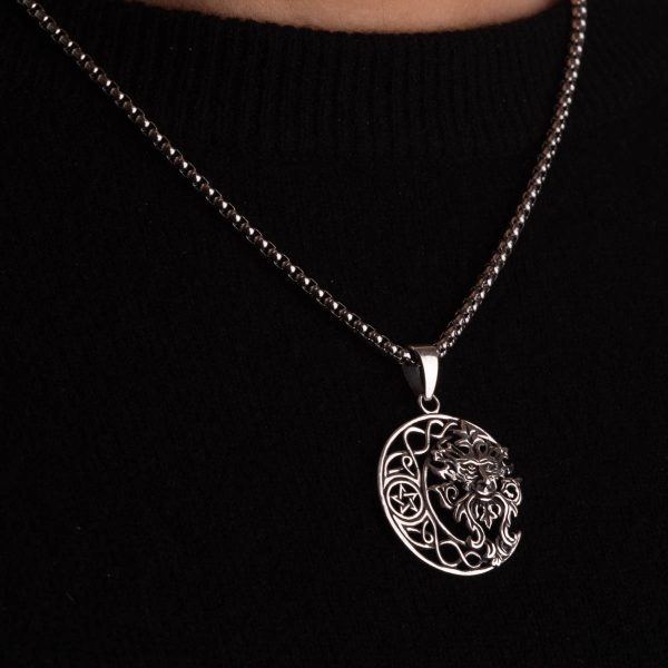green man crescent moon pendant on steel chain - Royal Mile Silver