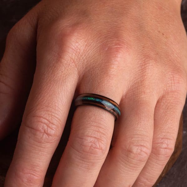 opal and koa wood black tungsten ring (6mm wide) - Royal Mile Silver