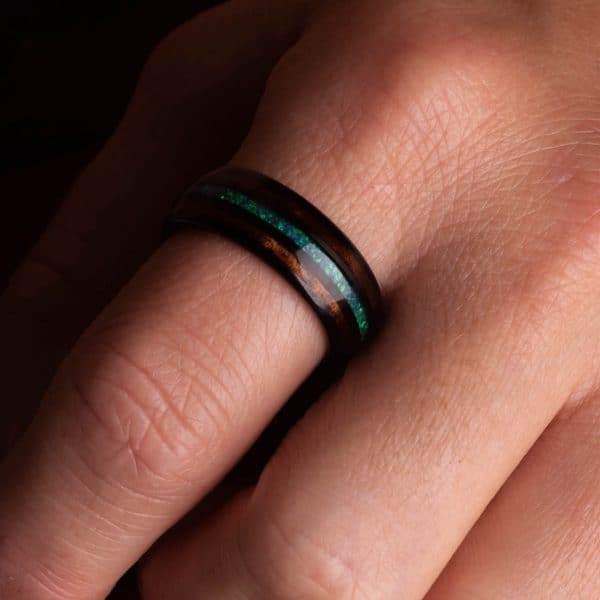 opal and koa wood black tungsten ring (8mm wide) - Royal Mile Silver