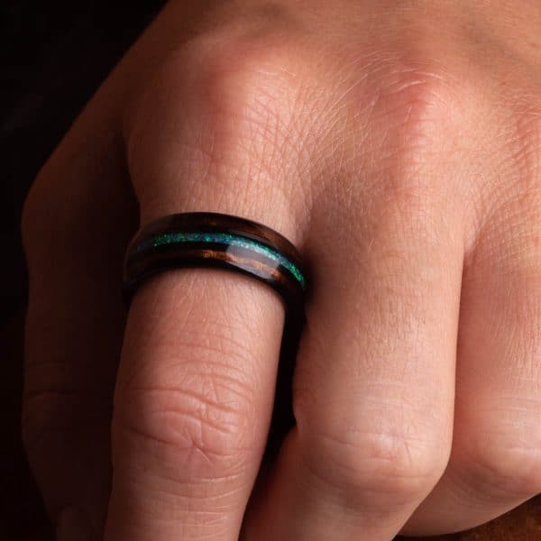 opal and koa wood black tungsten ring (8mm wide) - Royal Mile Silver