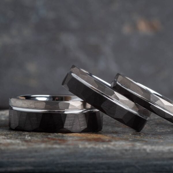 Hammered Brushed Silver and Black Tungsten Rings - Royal Mile Silver