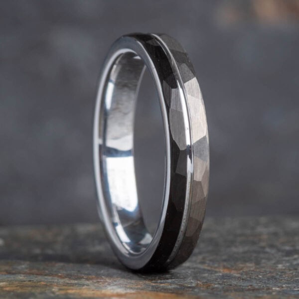 Hammered Brushed Silver and Black Tungsten Ring (4mm) - Royal Mile Silver