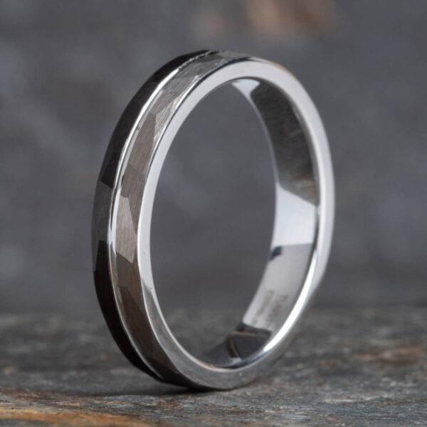 Hammered Brushed Silver and Black Tungsten Ring (4mm) - Royal Mile Silver