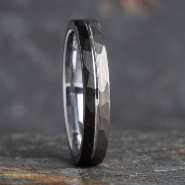 Hammered Brushed Silver and Black Tungsten Ring (4mm) - Royal Mile Silver