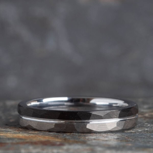 Hammered Brushed Silver and Black Tungsten Ring (4mm) - Royal Mile Silver