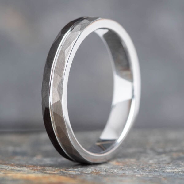Hammered Brushed Silver and Black Tungsten Ring (4mm) - Royal Mile Silver