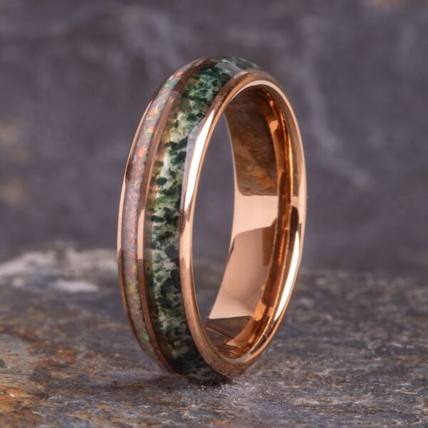 Rose Gold Opal and Moss Agate 6mm Tungsten Ring - Royal Mile Silver
