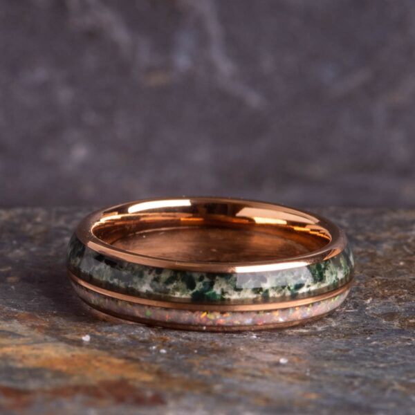 Rose Gold Opal and Moss Agate 6mm Tungsten Ring - Royal Mile Silver