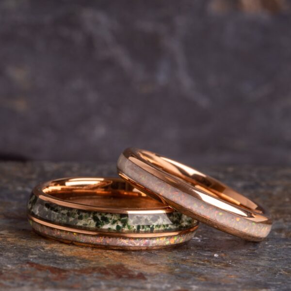 Rose Gold Opal and Moss Agate 6mm Tungsten Ring - Royal Mile Silver