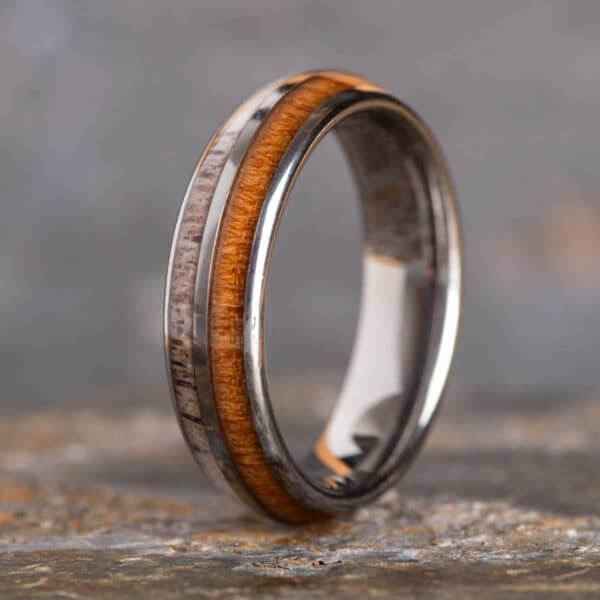 6mm Sustainable Koa Wood and Stag Antler Tungsten Ring - Royal Mile Silver