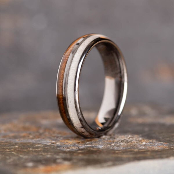 6mm Sustainable Koa Wood and Stag Antler Tungsten Ring - Royal Mile Silver