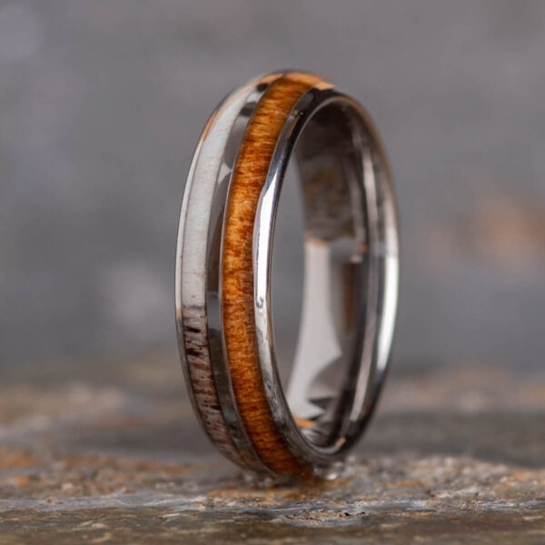 6mm Sustainable Koa Wood and Stag Antler Tungsten Ring - Royal Mile Silver