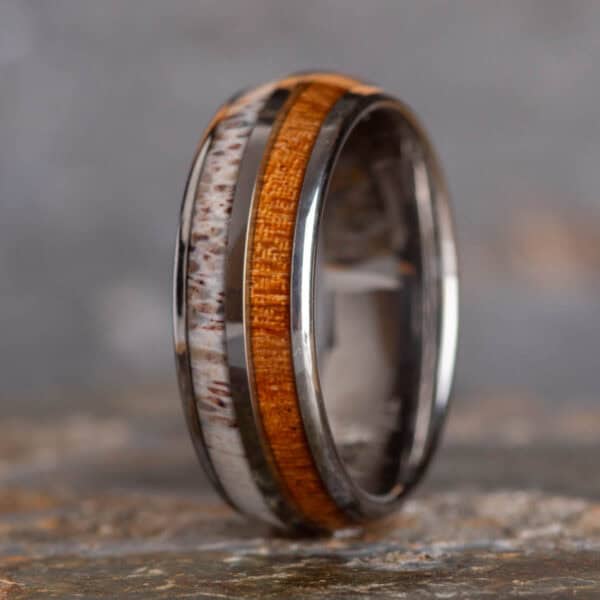8mm Sustainable Koa Wood and Stag Antler Tungsten Ring - Royal Mile Silver