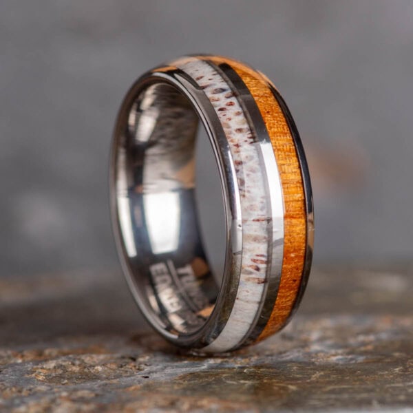 8mm Sustainable Koa Wood and Stag Antler Tungsten Ring - Royal Mile Silver