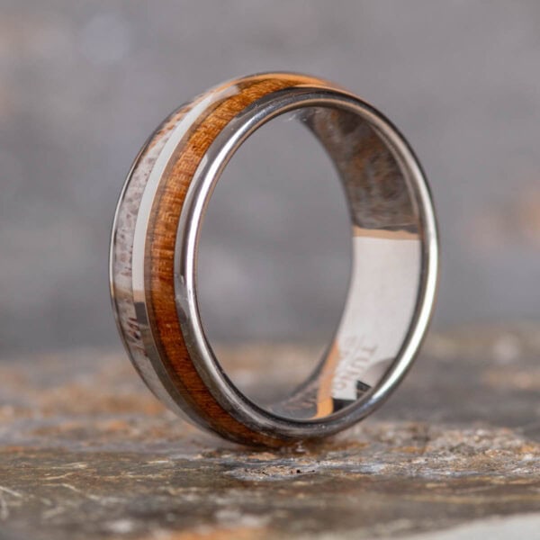 8mm Sustainable Koa Wood and Stag Antler Tungsten Ring - Royal Mile Silver